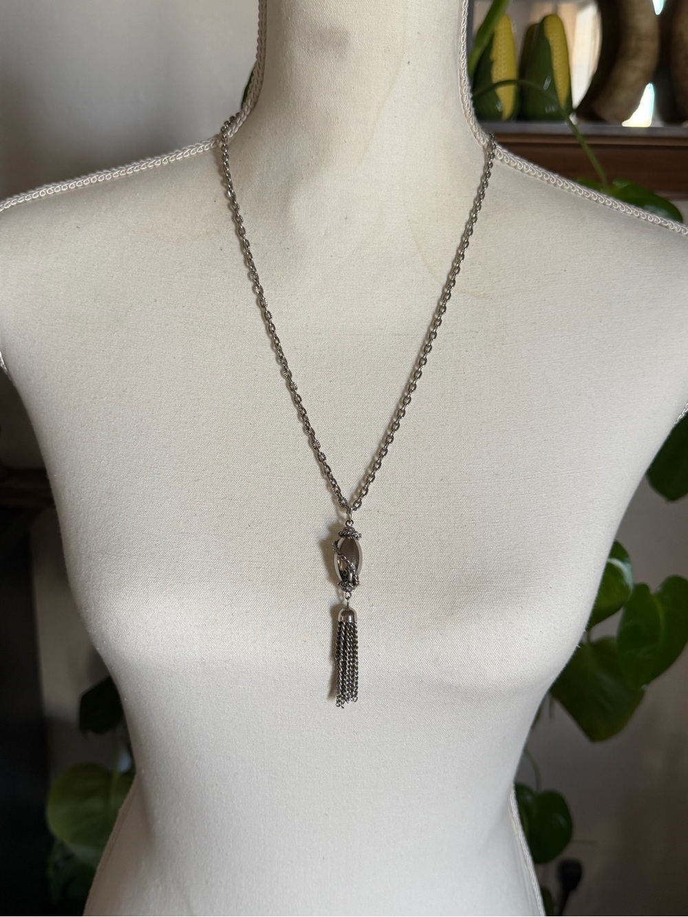 Vintage Silver Oval Bead & Tassels Necklace